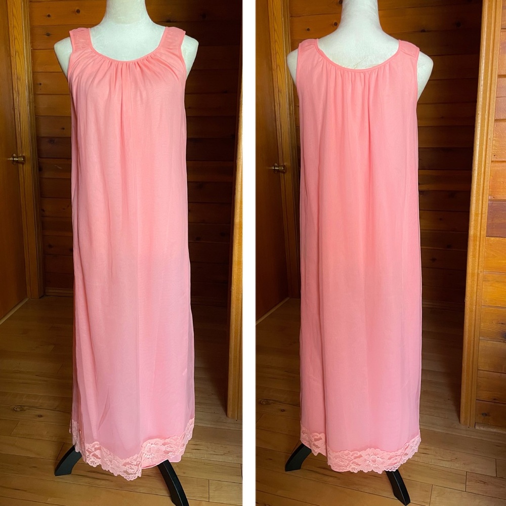 Vintage 60s Peachy Pink Double Layered Nylon Chiffon Nightgown Peignoir Set Sz M - Picture 3 of 4